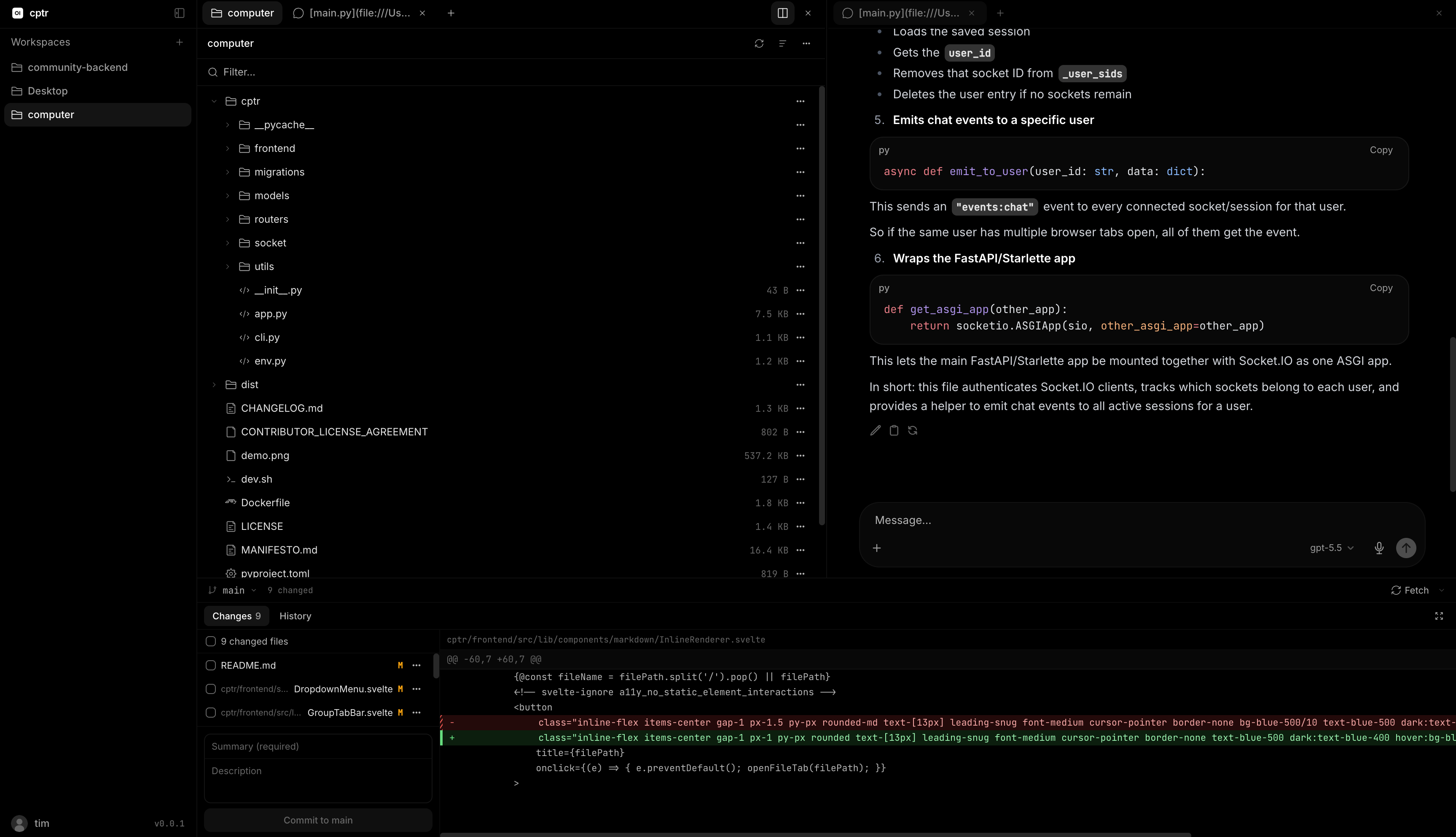 Open WebUI Computer running full-screen on an iPad, showing files, chat, git changes, and code