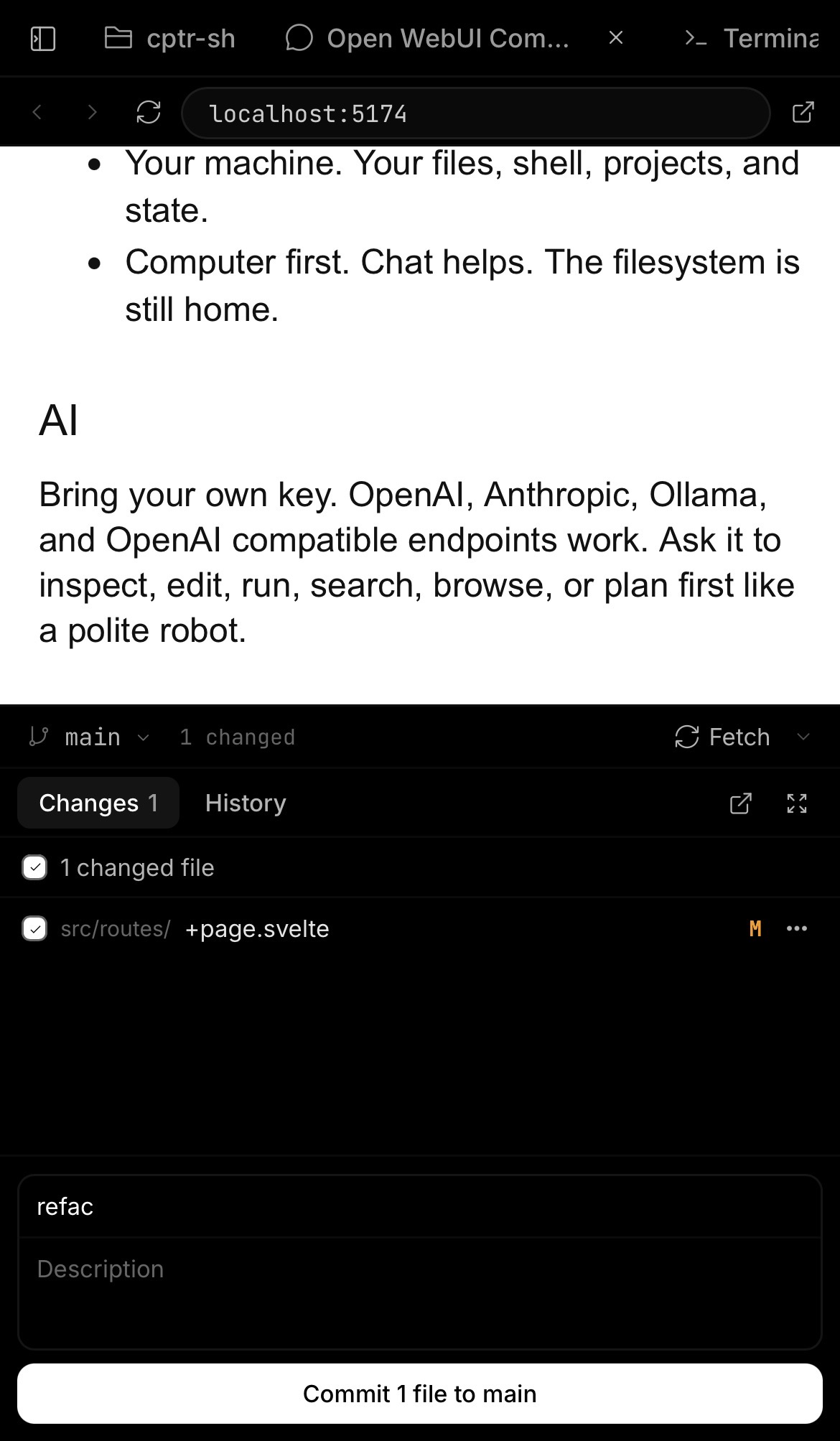 Reviewing a git diff and committing from Open WebUI Computer on a phone