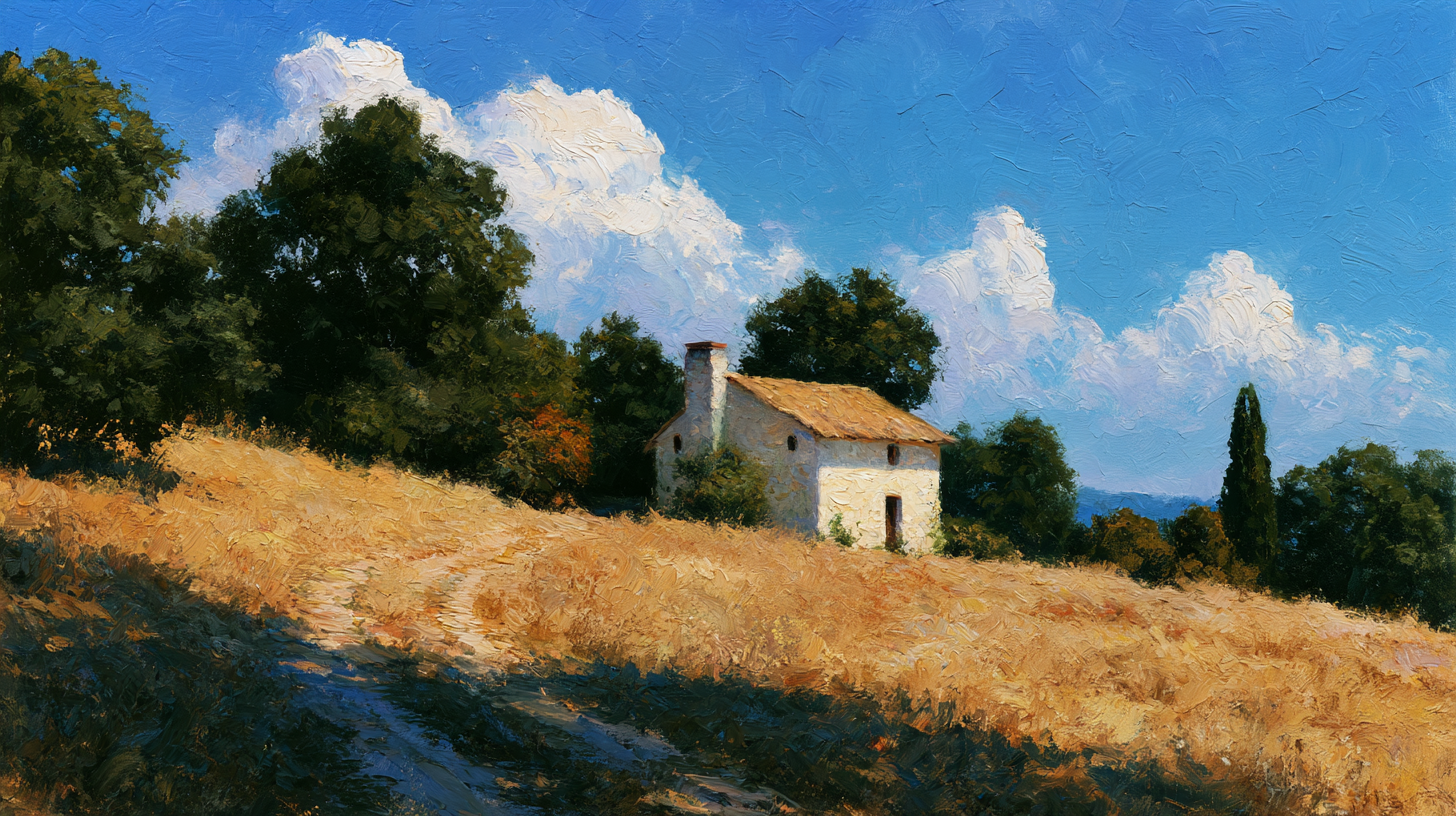 Oil painting of a stone farmhouse at golden hour, a worn path leading to its door through open fields